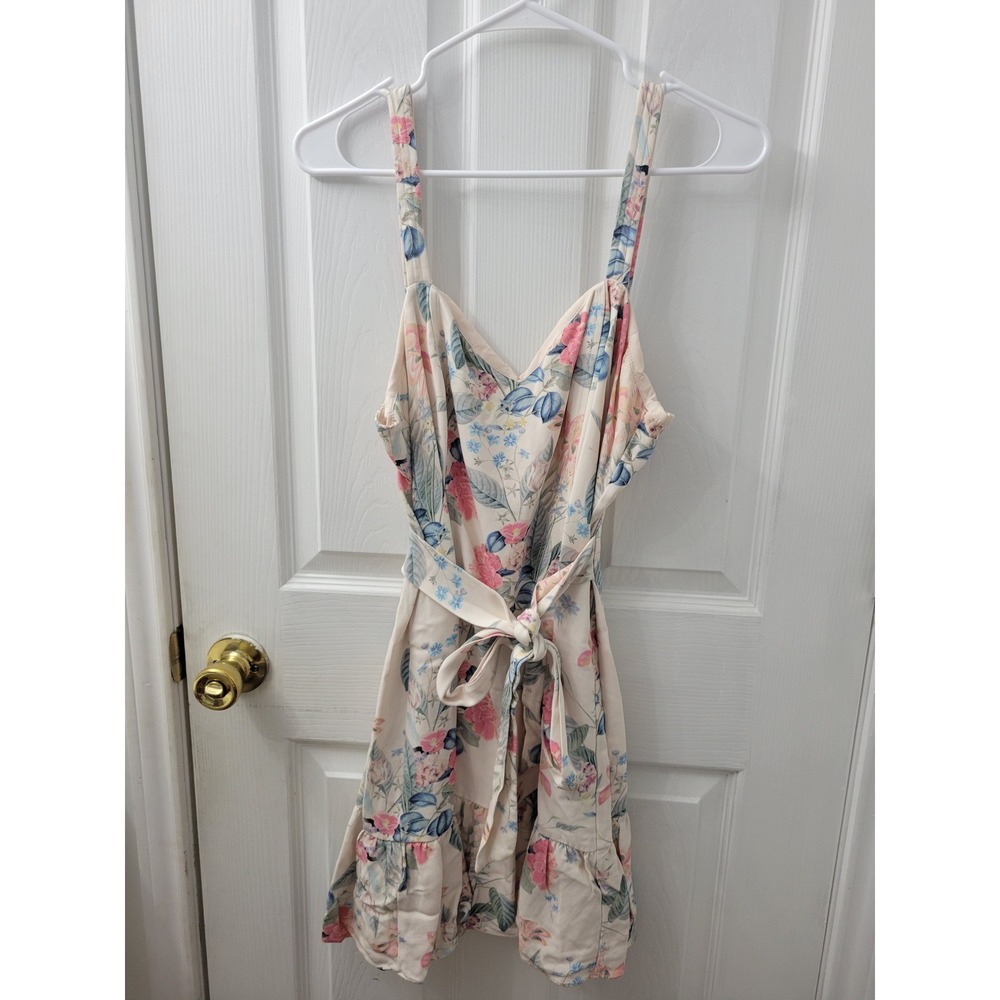 Parker NY Floral V-Neck Mini Dress Cream Pink Blue Ruffle Hem Tie Waist 10